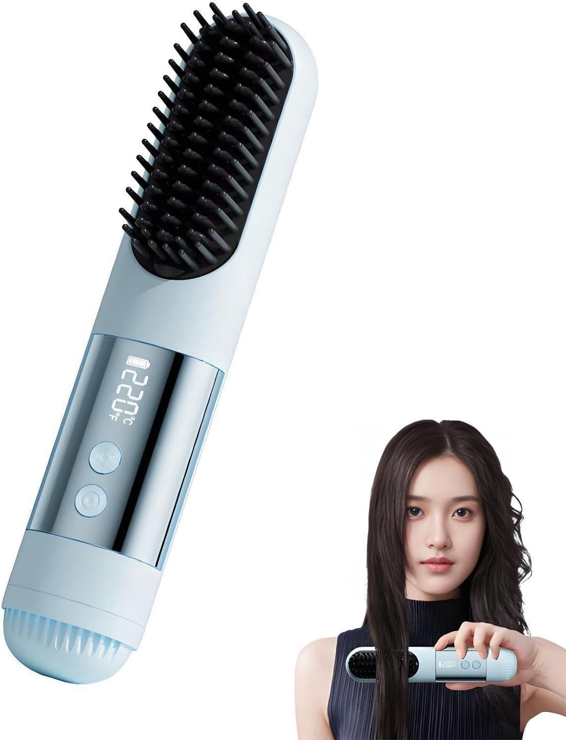 Hair Straightener Brush Pro for Short Hair, 3 Heat Settings for All Hair Types, 30s Fast Heat, Ionic & Ceramic Care, Cold Air Mode, 2600mAh USB-C Rechargeable Straightening Brush (Blue)