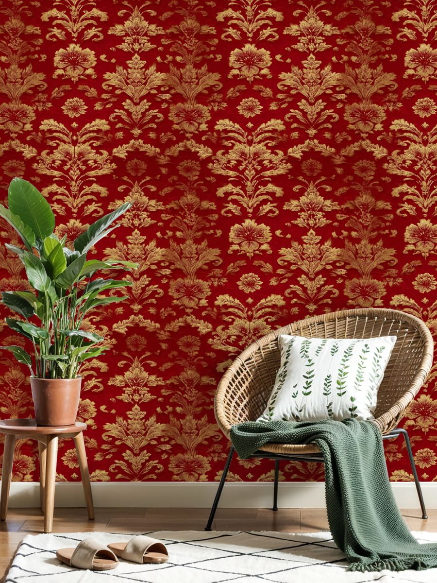 Vintage Peel and Stick Wallpaper Golden Floral Damask Red baroque vintage Wall Mural 23.6in x 9.8ft Self Adhesive Removable Wall Paper Renter Friendly Wallpaper for Bedroom Livingroom Office