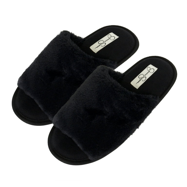 Jessica Simpson Women's Plush Faux Fur Fuzzy Slide on Open Toe Slipper with  Memory Foam