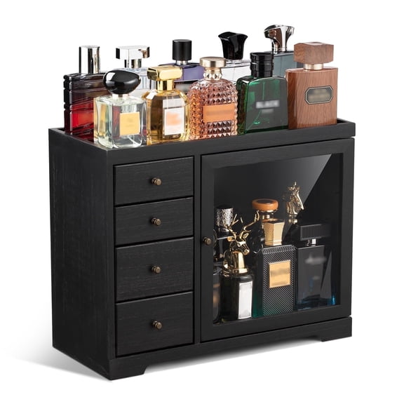 Cologne Organizer for Men, 5 Tier Large Capacity perfume organizer, Wooden Dustproof Perfumes Stand with 4 Drawers Storage,Black