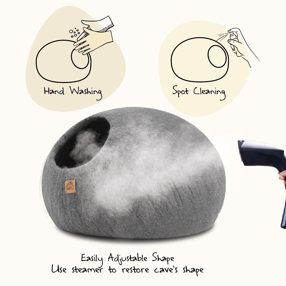 HAUSSIMPLE Wool Cat Cave Bed for Large Cats, Pet Sleeping Bed Natural 100% Merino Wool - Plain Gray
