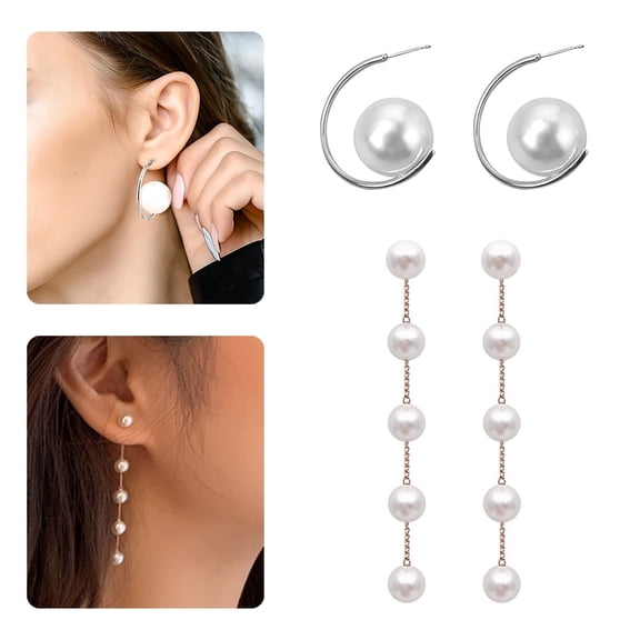 Style-Carry 2 Pairs Pearl Earrings for Women, Faux Pearl Drop and Hoop Earrings Set, Elegant White Pearl Jewelry for Daily and Special Occasions