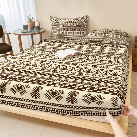 Queen Size Fitted Sheet Set - Boho 3 Piece Bedding Sets 16" Deep Pocket Fitted Sheet with 2 Pillowcases, Beige Brown Traditional Ethnic Geometric Motifs Brushed Microfiber Hotel Luxury Bed Sheets