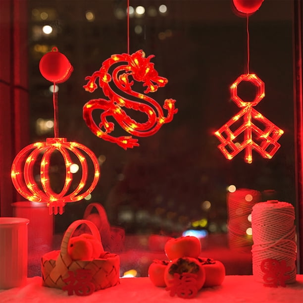 Fiudx Luces de Ventana para El Festival de Primavera, Diseño de Farolillo Rojo Led y Petardo, Funciona con Pilas y Ventosas, Fáciles de Colgar, Decoración de Interiores para Año Nuevo, 30 X 20 Cm, Pa