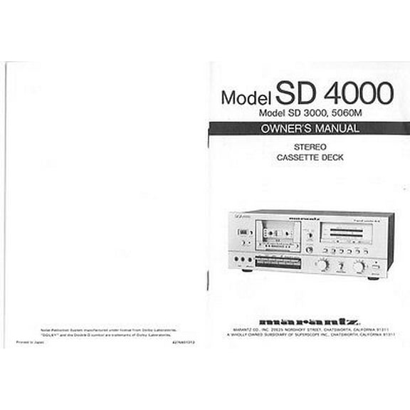 Instruction Manual ONLY for Marantz SD-3000 Cassette Deck Owners Manual REPRINT