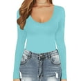 thumbnail image 3 of Hontri Body Suit Womens Crew Neck Long Sleeve Bodysuit Comfortable Against The Skin Tops Sexy Body Suits Women Clothing Long Sleeve Body Suit Sky Blue, 3 of 4