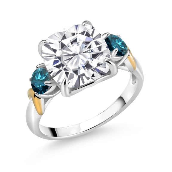 Gem Stone King 925 Silver and 10K Yellow Gold White Moissanite and Blue Diamond 3 Stone Ring for Women (5.54 Cttw, Gemstone Birthstone, Cushion 10MM, Round 4MM, Size 6)