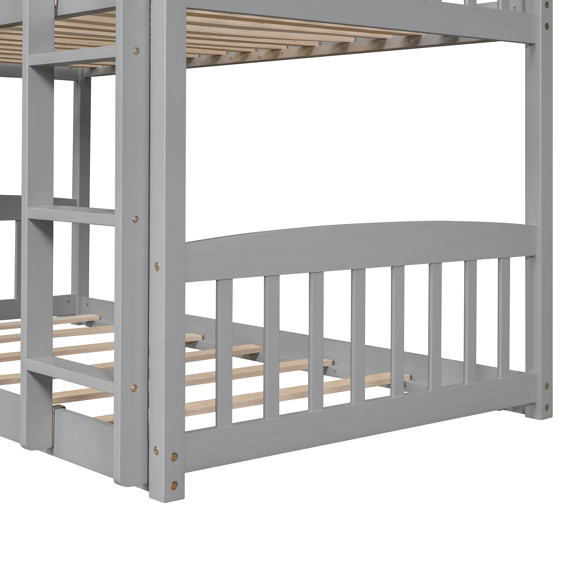 Aukfa Twin over Twin Bunk Bed with Slide, Floor Bunk Bed for Kids, Boys and Girls, House Top, Wooden - Gray