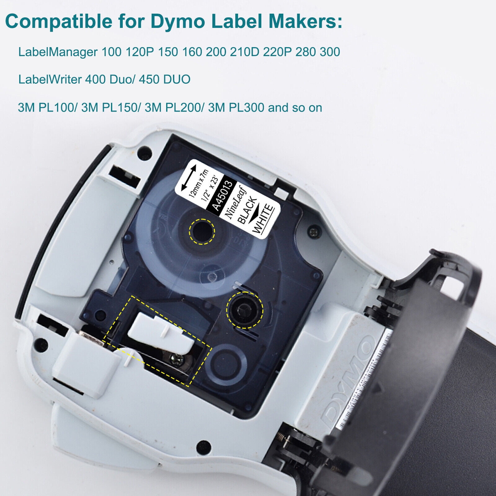 NineLeaf 6PK Compatible for DYMO D1 1/2" x 23' (12mm x 7m) Black on White/Clear/Red/Blue/Yellow/Green Label Maker Tape Refills