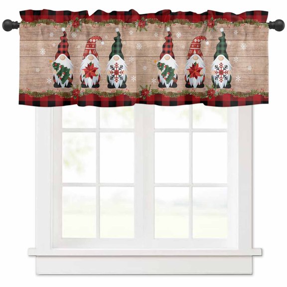 Christmas Dwarfs Valances for Windows, Xmas Snowflake Poinsettia Wooden Red Plaid Light Filtering Window Treatment Valances, Rod Pocket Small Curtains for Kitchen/Bathroom, 60"x18"