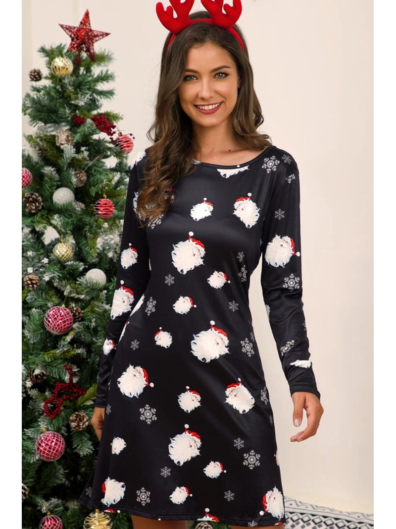 long sleeve christmas dress women nearby Women Ugly Christmas Sweater Dress Printed Long Sleeve Knit Mini Dress Xmas Tunic Dress
