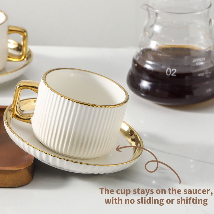 LETAOTAO Cappuccino Cups with Saucers, 8oz Ceramic Coffee Cups with Saucers Set, Latte Art Coffee Mugs with Gold Trim, Tea Cups Set of 4, British/Italian Coffee cups for Cafe Mocha, Double Espresso