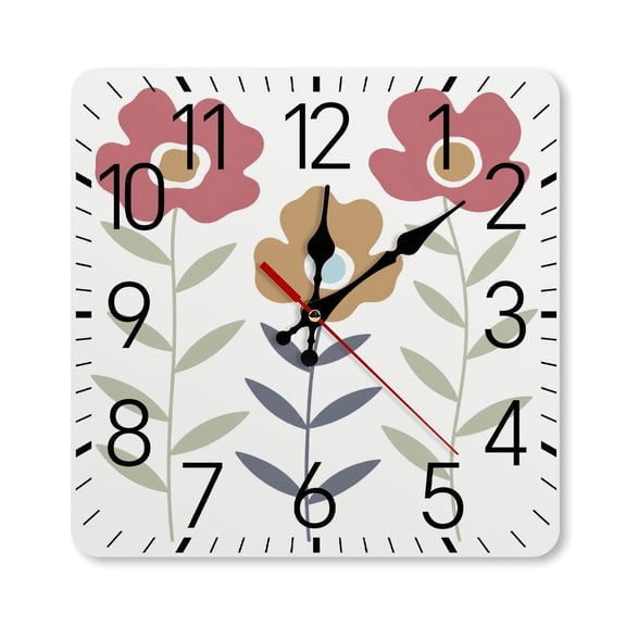 RKSupls 10×10inch Square Silent Wall Clock Wooden Frame, Three Stylized Poppies Scale Decorative Clock for Home Bedroom Living Room Office