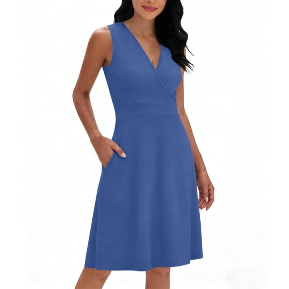 successthop House Dresses for Women with Pockets Casual Sleeveless V Neck Nightgown Slim Dress Comfortable Midi Clothes