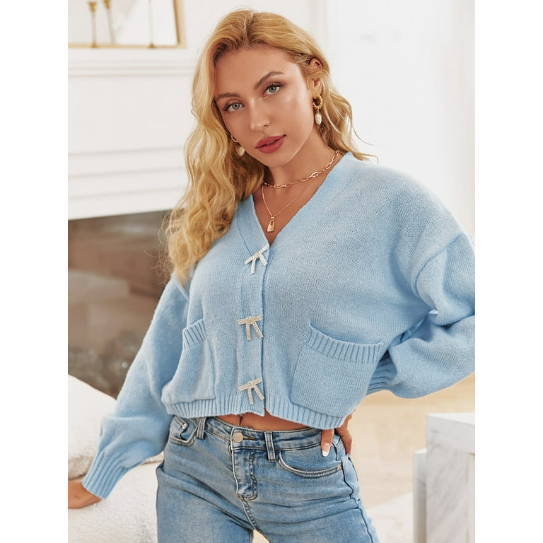 Pocketed Bow Button Down Cropped Cardigan