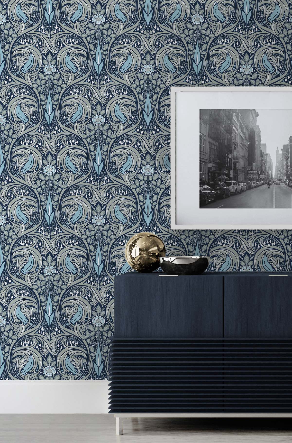 NextWall  Bird Ogee Peel and Stick Wallpaper 20.5 in. W x 18 ft. L - Navy & Sky Blue