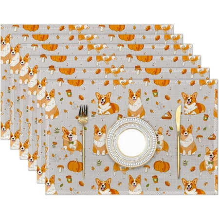 

Cute Corgi Dog Autumn Placemats Set of 6 Place Mats for Kitchen Table Washable Farmhouse Linen Table Mats Dining Decoration 12x18 Inch