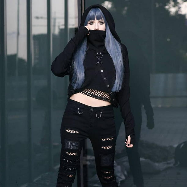 Sudadera con capucha gótica para mujer, sudadera , punk rock ahuecado en la espalda, manga larga, jersey con capucha, fiesta de Halloween, camiset L Baoblaze Top corto con capucha para mujer