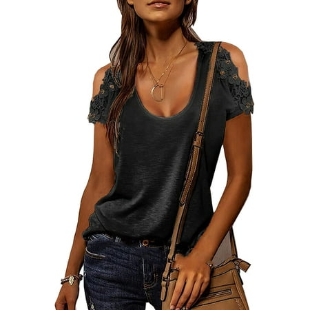 

PIKADINGNIS Women s Strapless Shoulder Hollow Out Lace Summer Solid Color T-Shirt Crewneck Casual Short Sleeve Top Tee Shirts for Women