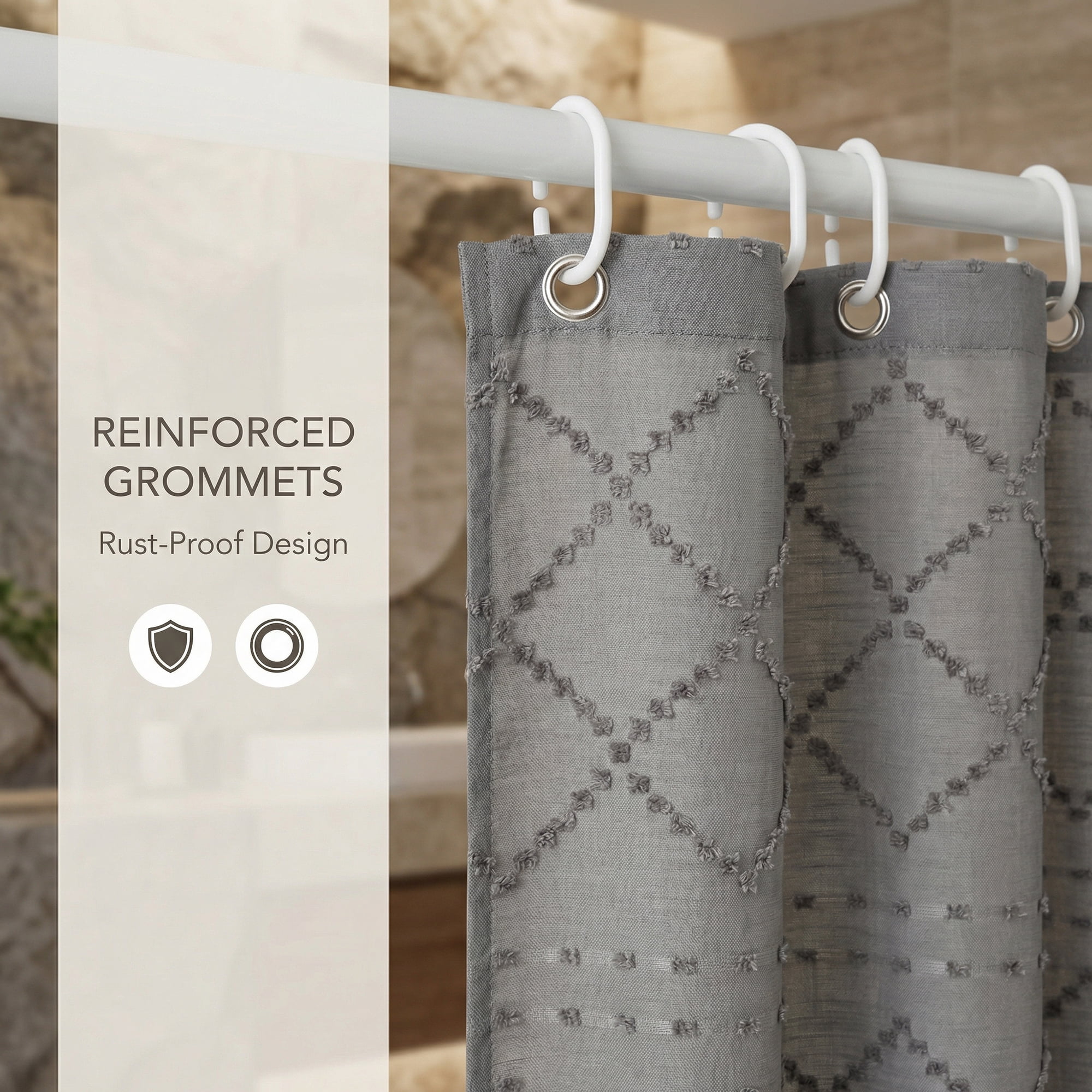 Unique Bargains 3D Geometric Texture Bath Curtain Sets with Hooks Grey 72"W x 72"L