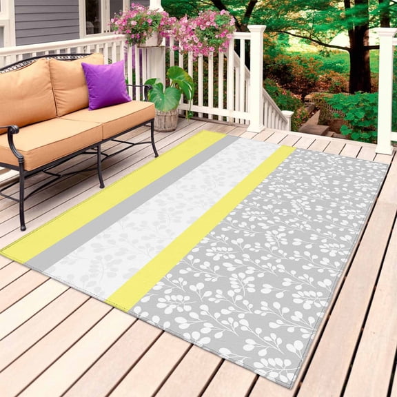 Yellow Grey Outdoor Rug for Patio/Deck/Porch, Non-Slip Large Area Rug 6 x 9 Ft, Chic Garden Floral Stripe Embroidery Design Indoor Outdoor Rugs Washable Area Rugs, Camping Rug Carpet Runner