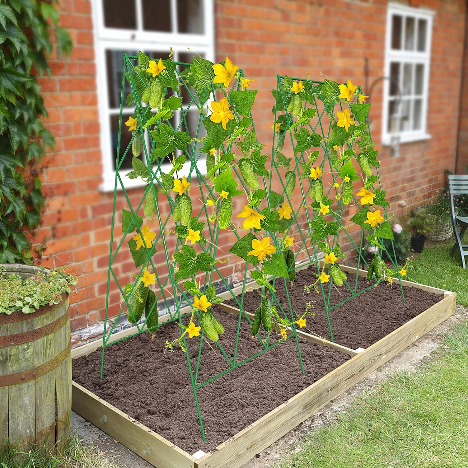 Cucumber Trellis, 2 Pack Metal Foldable A Frame Garden Trellis for Raised Bed Climbing Plants, Vegetables, Includes Plant Support Clips, Twist Ties, Plastic Ties, A Frame Trellis, Green