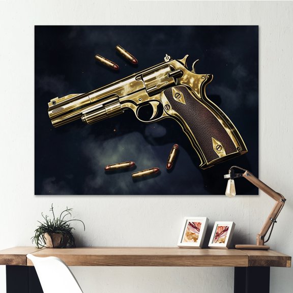 DESIGN ART Designart "Golden Gun" Fashion Gun Wall Art For Living Room 44 in. wide x 34 in. high