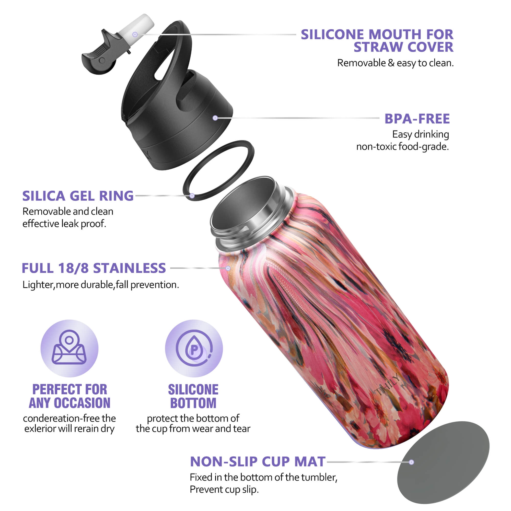 Alrisco 34 Oz Insulated Stainless Steel Bottle with Flip Straw Lids Wide  Mouth workout 3 Lids Hiking Work Water Drink Cold Hot Beverage Thermo  Regulated Flask Bottle - Black White Gradient 