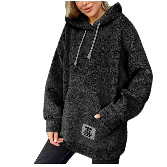 WMTBSRSW Women's Warm Winter Oversized Hoodies Fuzz Fleece Hoodie Sweatshirt Thermal Plush Sherpa Pullover with Kanga Pocket Black Large