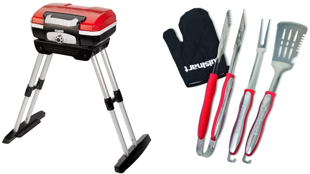 Cuisinart CGG180 CGG-180 Petit Gourmet Gas Grill with VersaStand, Red, 31.5" H x 16.5" W x 16" L & CGS-134 Grilling Tool Set with Grill Glove, Red (3-Piece) - image 1 of 3