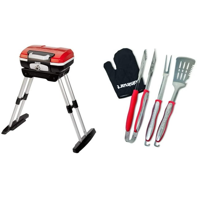 Cuisinart CGG180 CGG-180 Petit Gourmet Gas Grill with VersaStand, Red, 31.5" H x 16.5" W x 16" L & CGS-134 Grilling Tool Set with Grill Glove, Red (3-Piece)