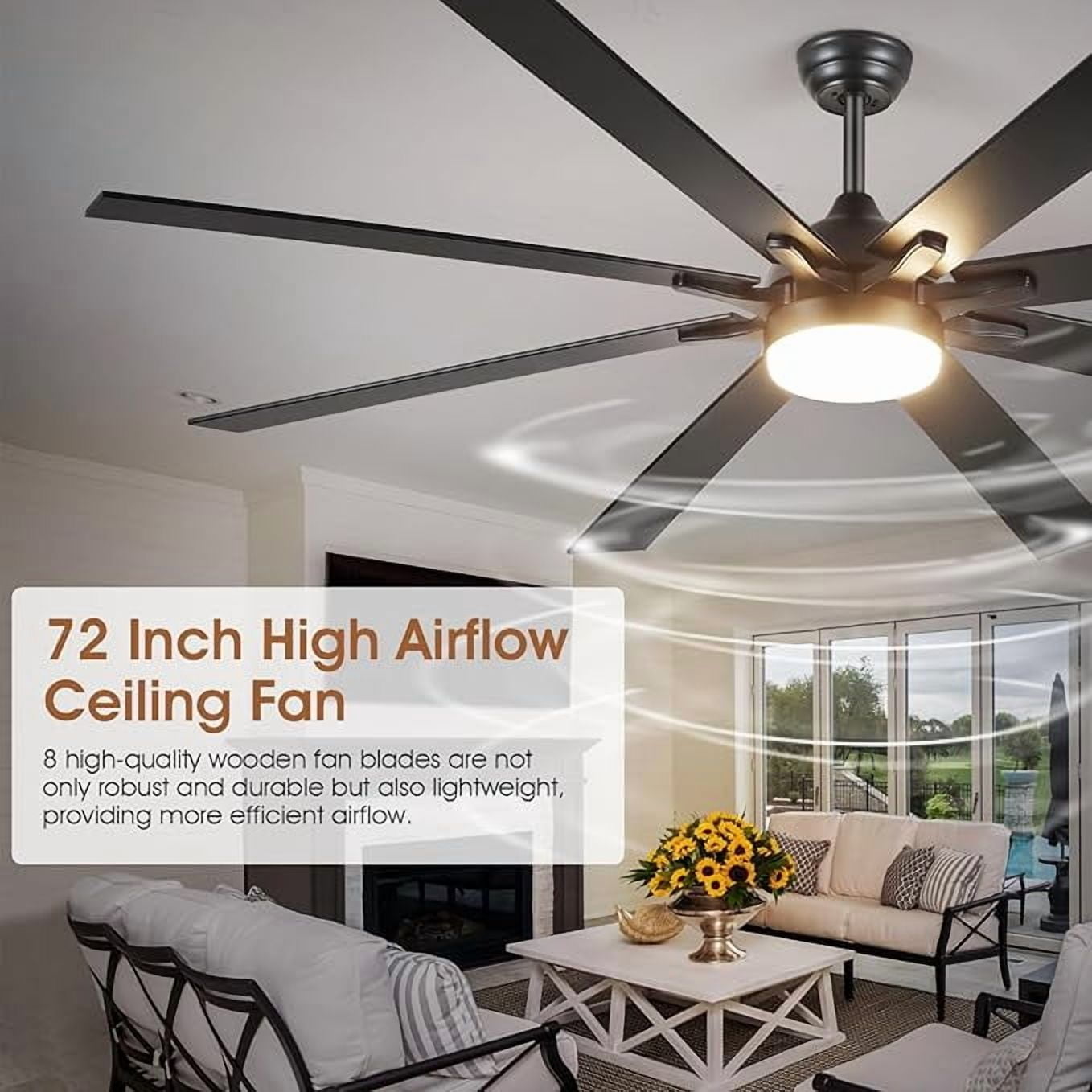 PHORUS 72" Modern Ceiling Fan with LED Light, Quiet Reversible Motor, 6-Speed Remote Control, Adjustable Height, Black – Indoor & Covered Patio
