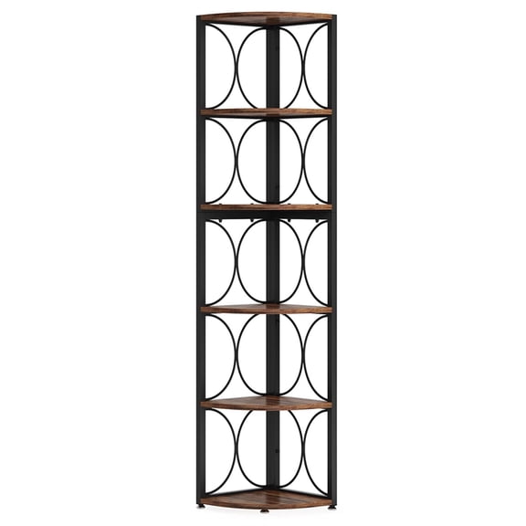 Demi Bonn 6 Tier Corner Bookshelf, Wood and Metal Bookcase Storage Organizer, 67" Talldustrial Display Standing Shelf Unit for Bedroom, Living Room, Brown