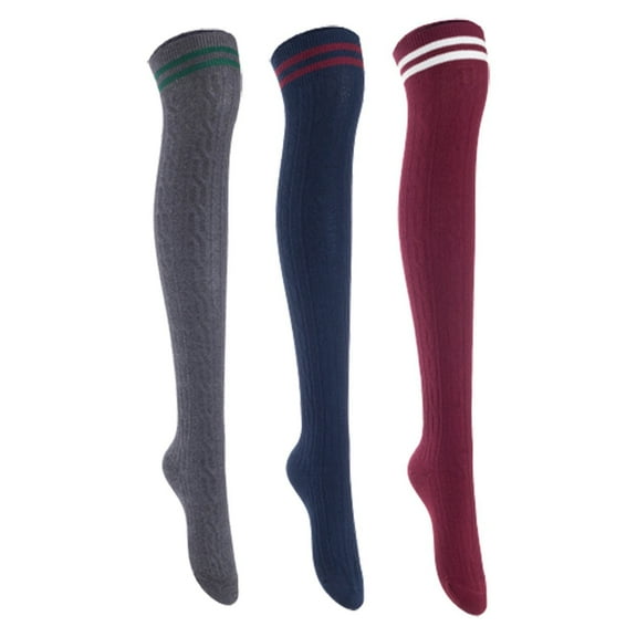 Lian Lifestyle Women's 3 Pairs Incredible Durable Super Soft Unique Over Knee High Thigh High Cotton Socks, Size US 6-9, JMYP1023 Dark Grey,Navy,Wine