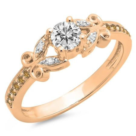 0.50 Carat (ctw) 10K Rose Gold Round Champagne & White Diamond Ladies Bridal Unique Vintage Style Engagement Ring 1/2 CT