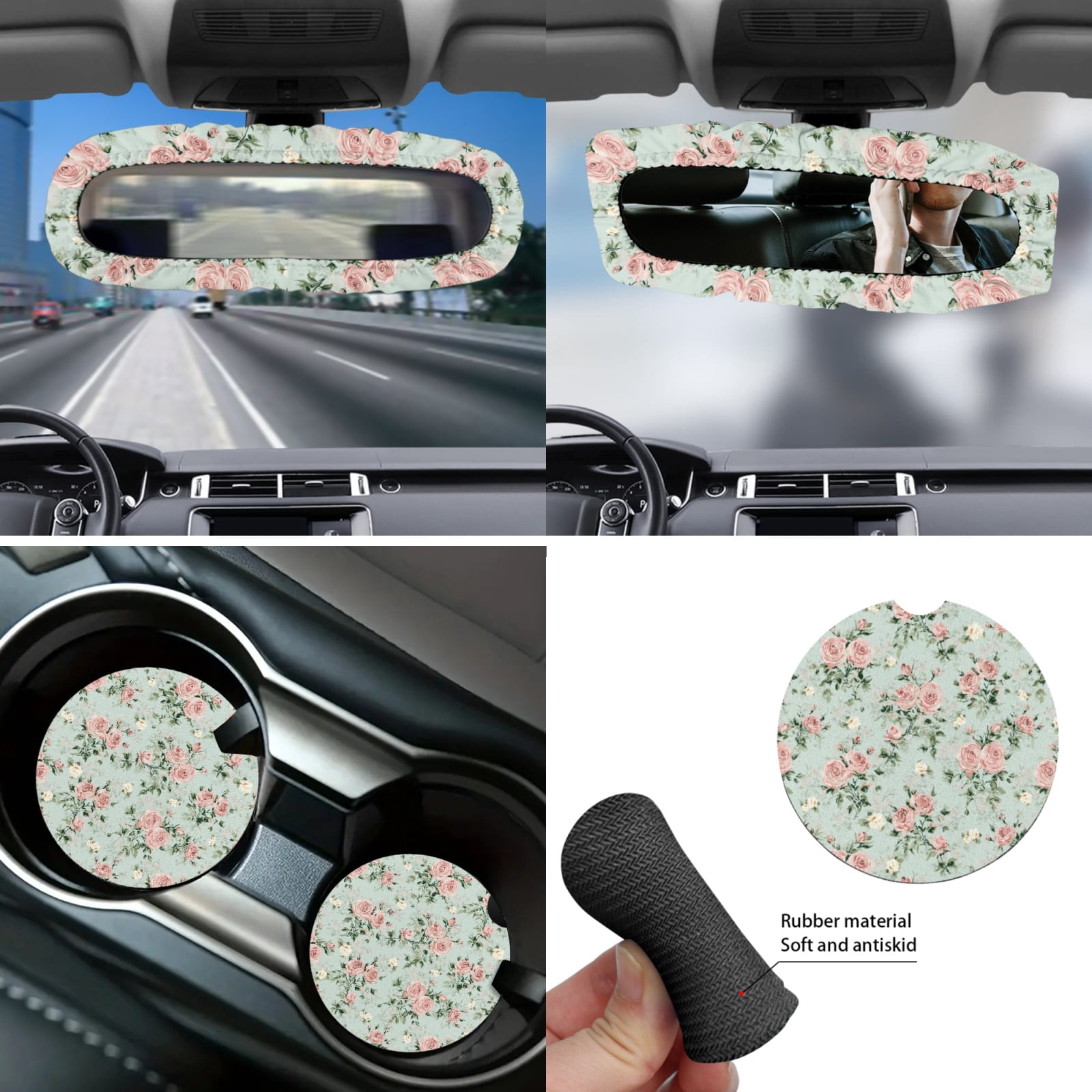 Yuyamidu 14 Piece Pink Rose Car Seat Cover Set with Steering Wheel Cover Green Seat Belt Strap Cover Garbage Bin Armrest Cover Rearview Mirror Cover Coaster Gear Shift Knob Cover Set for Women