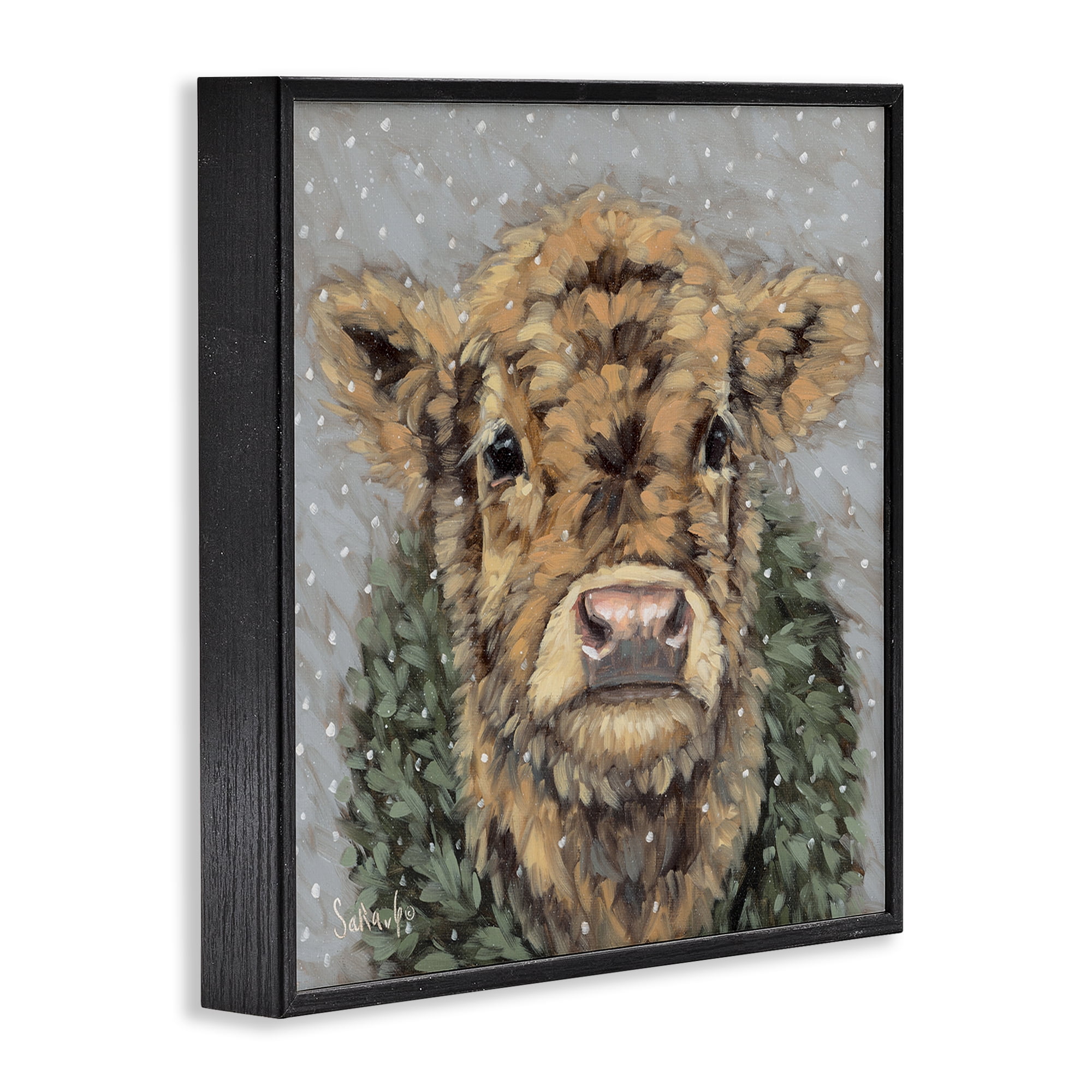 Stupell Industries Snowy Cattle & Wreath Animals & Insects Painting Black Framed Art Print Wall Art, 17 x 17