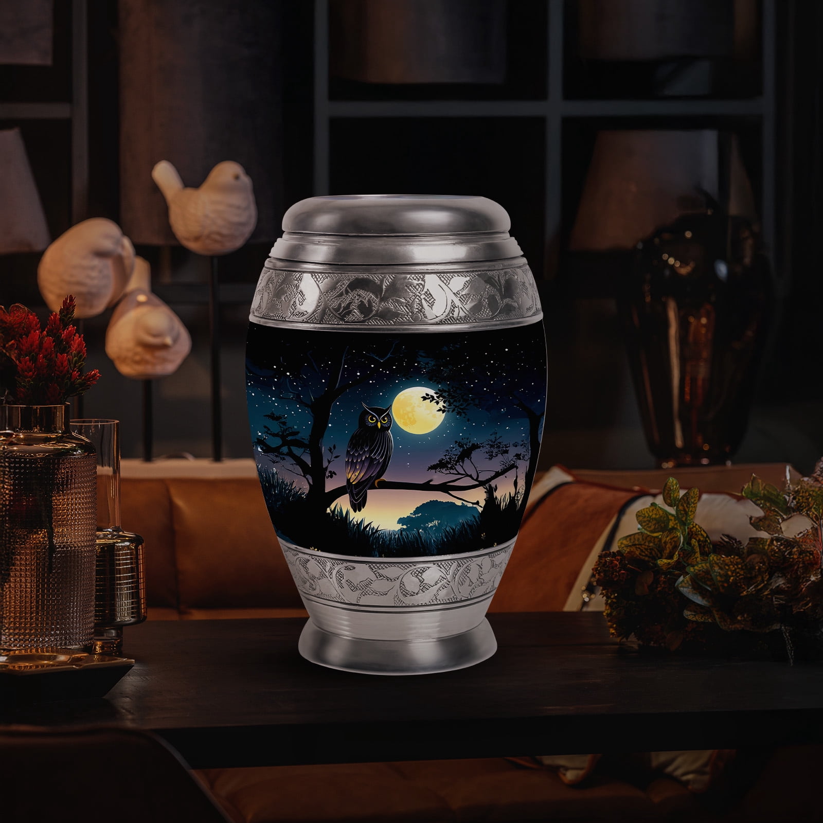 Yatskia Full Moon Owl Large Cremation Urns for Human Ashes Adult Brother and Sister, Small Memorial Keepsake Urn for Adult Ashes, (Monar 10 Inch and 3 Inch)