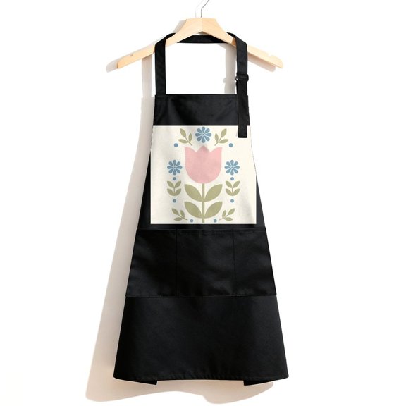 RKSupls Waterproof Bib Apron with 3 Pockets, Pink Tulip With Blue Flowers Adjustable Neck Strap Soft Polyester Water Resistant Apron for Kitchen Restaurant Home Use