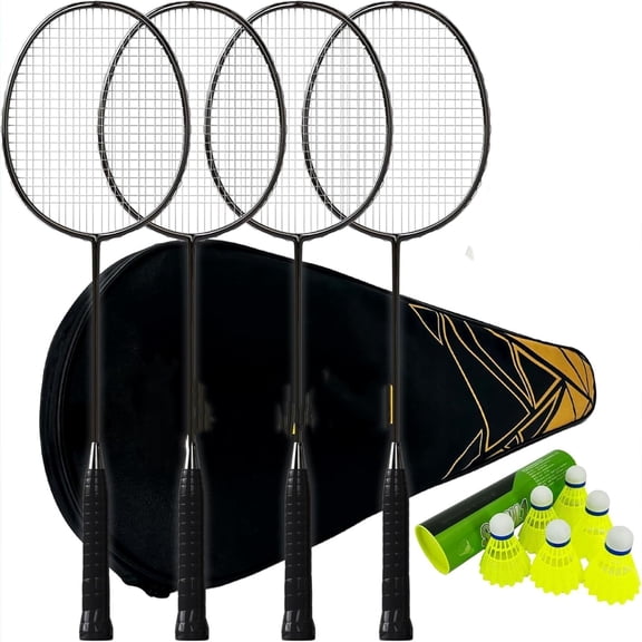 Professional Badminton Rackets Set of 4 - Carbon Fiber, 6 Shuttlecocks, 4 Grips & Bag for Backyard Games | 90g Lightweight
