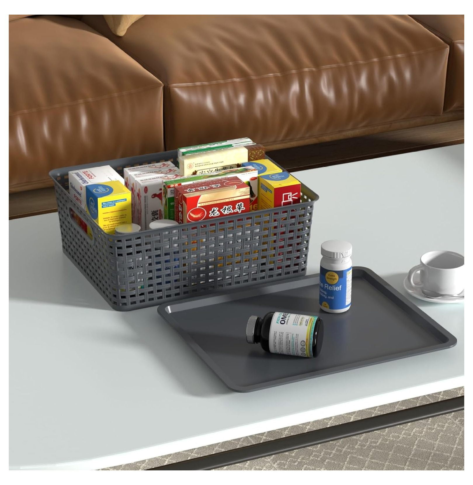 Plastic Woven Baskets 6 Pack, Stackable Storage Bins with Lids, Dark Grey - 14x12x5.3 Inch Organizer for Shelves, Closet, Home, Kitchen, Bathroom