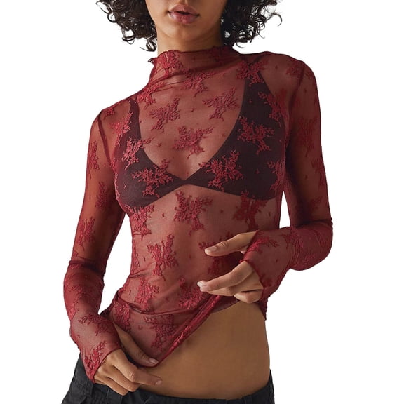 Jamsmile Women T-Shirts Mesh Long Sleeve Layering Tops Floral Embroidery Sheer See Through Tee Shirts