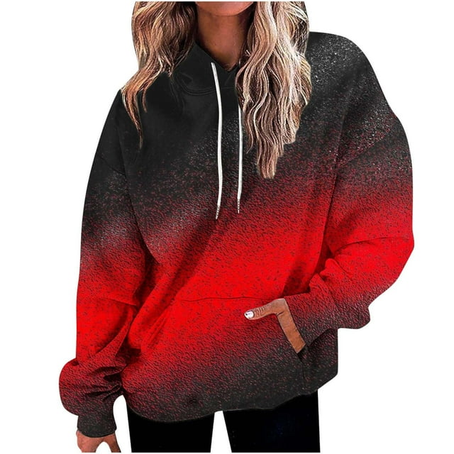 Bowake Plus Size Hoodies for Women Casual Drawstring Gradient Print Tees Long Sleeve Sweatshirt Oversized Pullover Tops