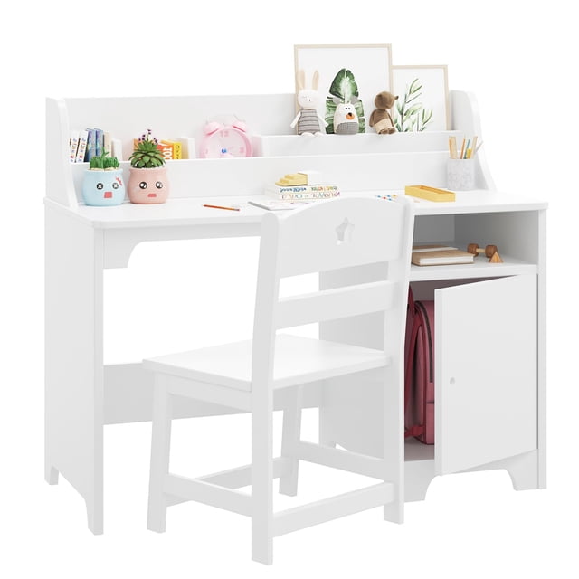 GloryStar Kids Desk and Chair Set with Hutch, Storage Cabinet, Student Writing Wooden Children Study Table, Computer Workstation for Kids Bedroom & Study Room
