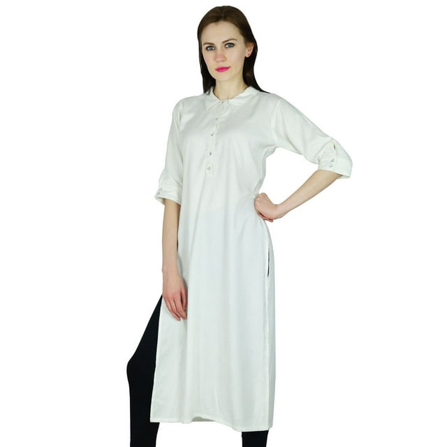 Bimba Kurta Droite pour Femmes Kurti Long Manches 3/4 Haut Blanc Ethnique Rayonne Indienne