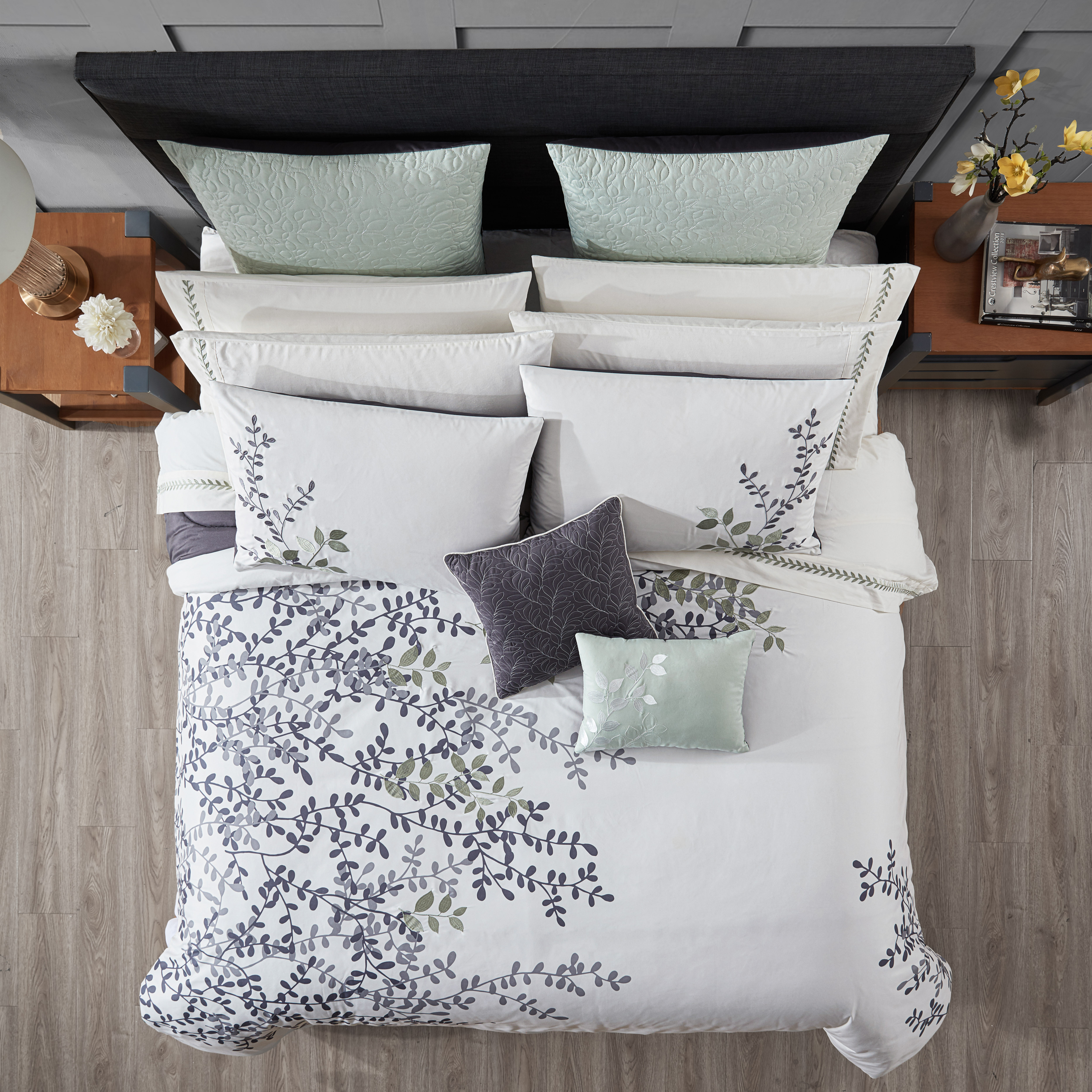 Hotel Style 14 Piece Bed-in-a-Bag Set, King, Sage, Vine Print with Embroidery, Polyfil