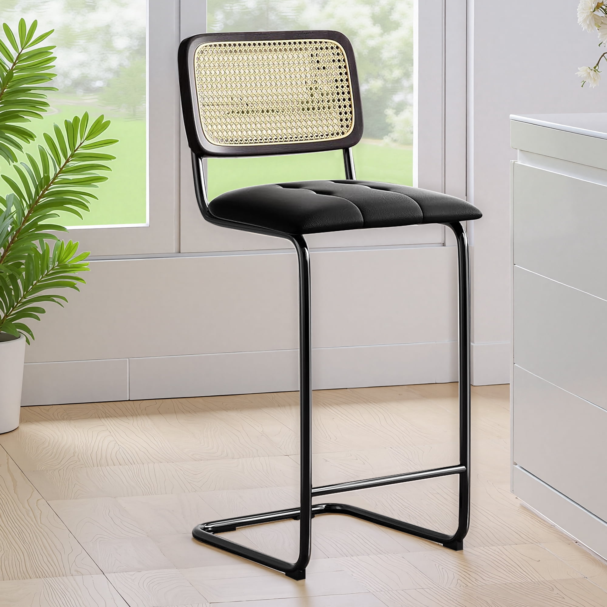MAYEERTY 30" Black Counter Height Bar Stools Set of 2, PU Leather & Rattan Back, for Dining Areas