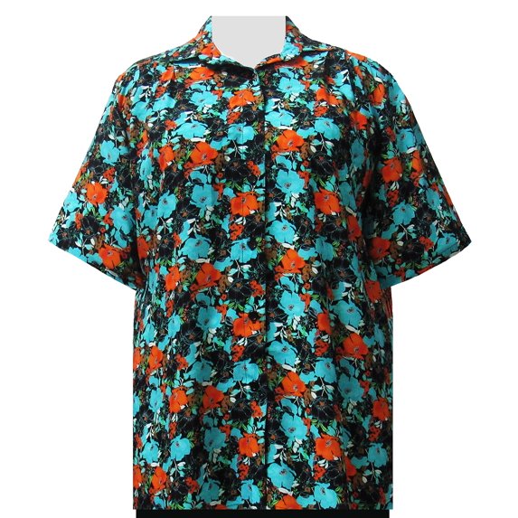 A Personal Touch Women's Plus Size Short Sleeve Button-Up Print Blouse with Pleats - Turquoise Floral Garden - 1X
