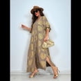 thumbnail image 3 of Vestido Bohemio con Estampado Floral para Mujer, Escote en V Profundo, Abertura Lateral, Corta, Corte A, Holgado Caqui L, 3 of 5