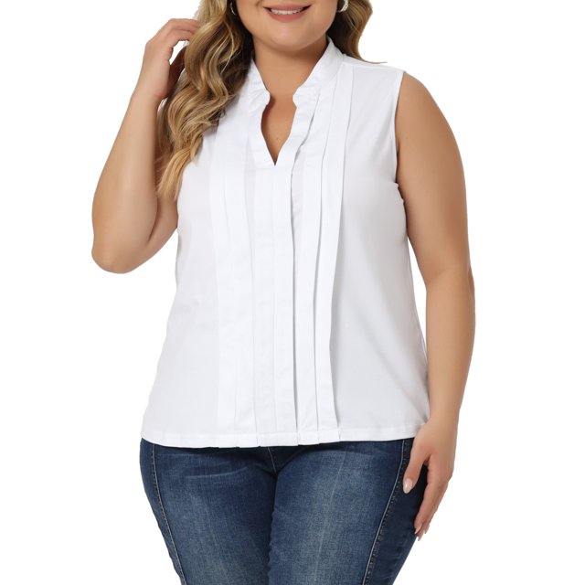 Blusas de trabajo de verano sin mangas con cuello en V para mujeres de tallas grandes GRACE & GRANDEUR blancas 4X